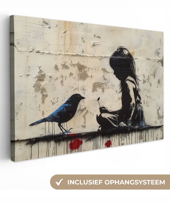 Canvas schilderij - Wanddecoratie Meisje - Street art - Vogel - Abstract - Graffiti - Modern - Muurdecoratie woonkamer - Kamer decoratie modern - Abstracte schilderijen