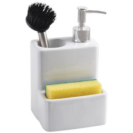 WHITE CERAMIC SCRUBBER DISPENSER WITH BRUSH AND SPONGE _11X9X18CM ST1153