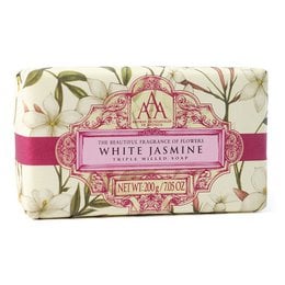 White jasmine scented soap bar with floral design. Rectangular shape, natural ingredients.