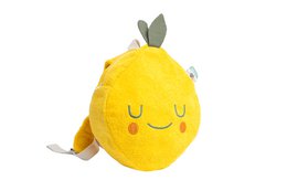 Bright yellow plush backpack with a cute lemon design, perfect for kids. Features a soft, cuddly material and a playful expression.