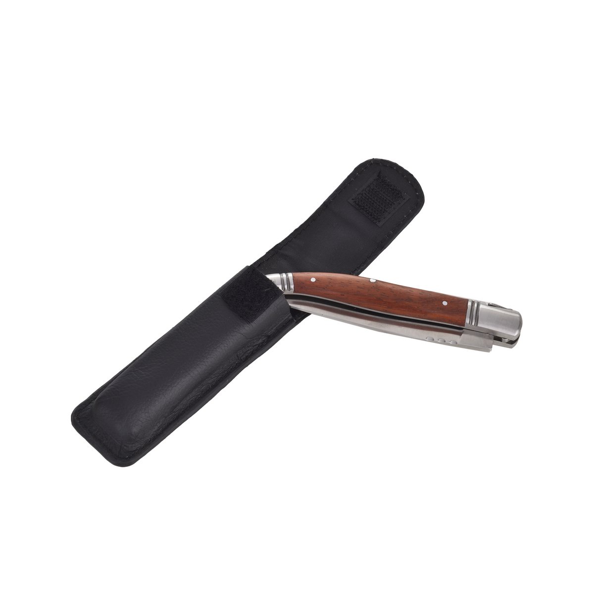 Juego de cuchillos plegables Laguiole Héritage y estuche de cuero negro - Mango de acero inoxidable y palisandro - Navaja de bolsillo - Caja de regalo
