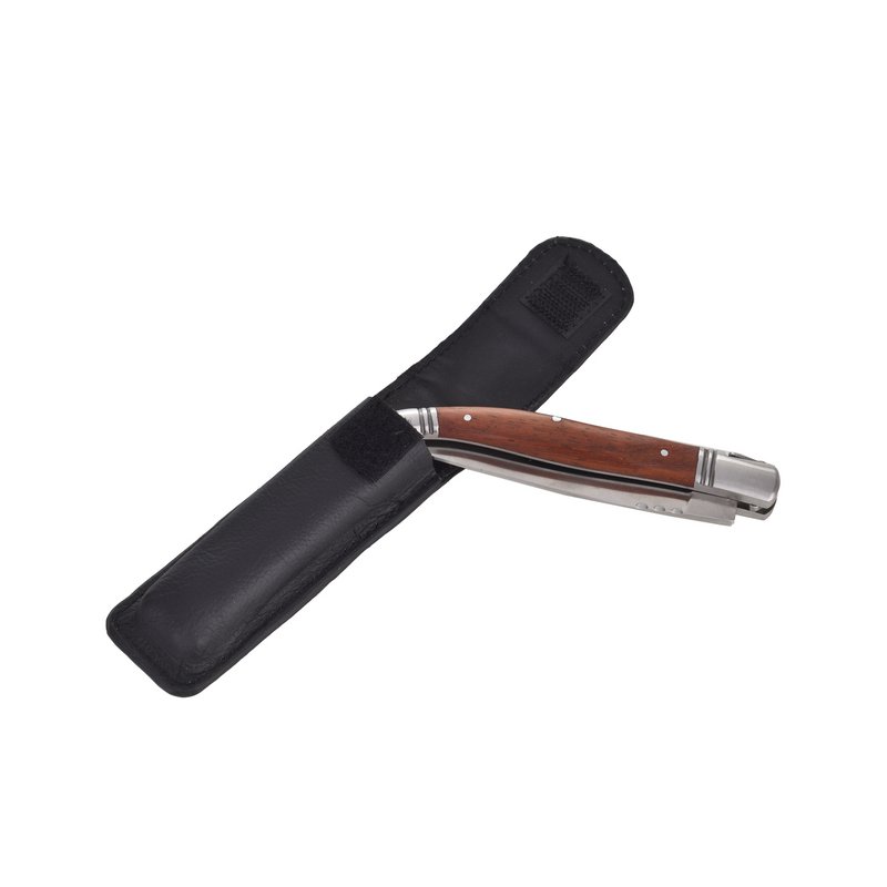 Juego de cuchillos plegables Laguiole Héritage y estuche de cuero negro - Mango de acero inoxidable y palisandro - Navaja de bolsillo - Caja de regalo