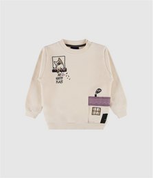 Cream beige sweatshirt with graphic patches, happy place design, casual kids pullover.