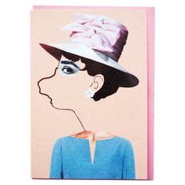 Greeting card featuring a stylized illustration of a woman wearing a wide-brimmed hat. The card has a pink border and the text "Happy girls are the prettiest" printed on it.