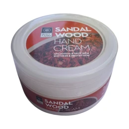  Sandalwood-scented hand cream in a 200ml jar. Contains moisturizing ingredients to nourish and soften hands.