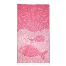 Pink fish patterned peshtemal towel with sunset design, striped waves, beach textile.