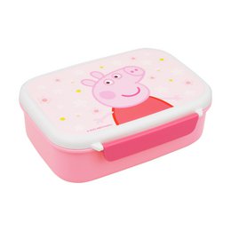 Pink lunch box with Peppa Pig character, flowers, rectangular shape, plastic material, children's food container.