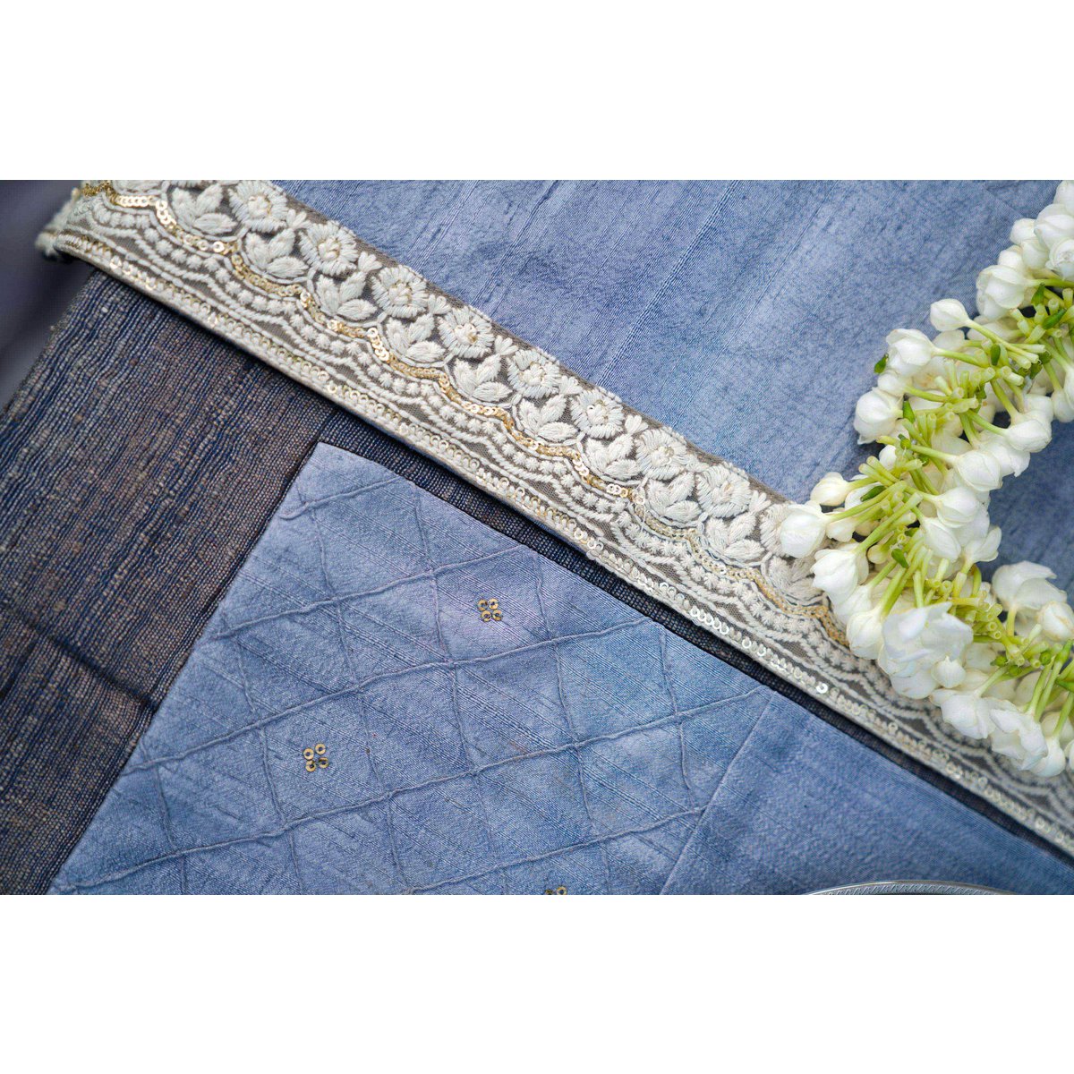 Dupion Silk Hand-Embroidered Table Runner With 6 Table Mats - Blue