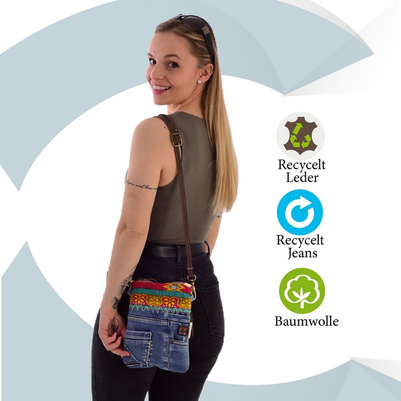 Sunsa lille bæredygtig skuldertaske til kvinder. Skuldertaske lavet af genbrugte jeans & canvas (canvas). Håndtaske vintage retro stil. Crossbody taske til kvinder.
