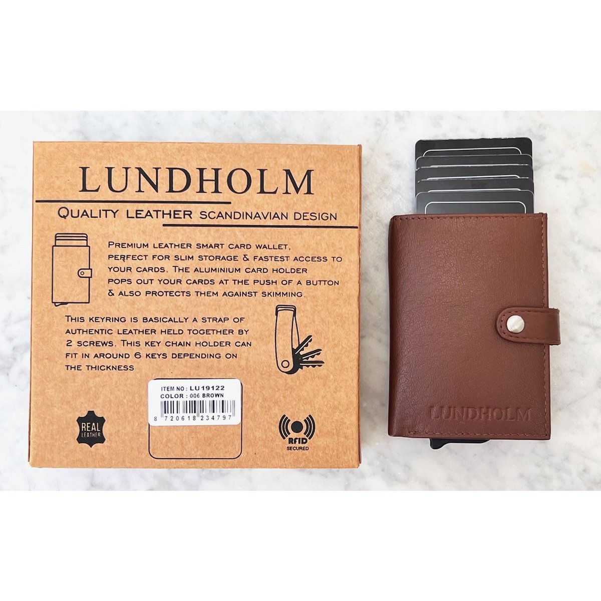 Tarjetero de piel + organizador de llaves marrón — set de regalo para hombre — Lundholm Örebro Safety Wallet