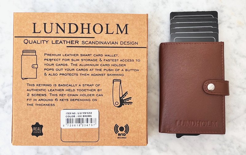Læderkortholder + nøgleorganer brun — gavesæt til mænd — Lundholm Örebro Safety Wallet