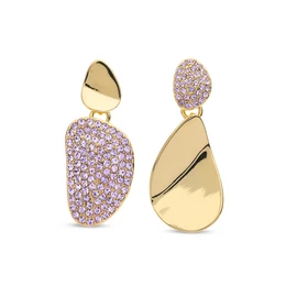 Gold-colored drop earrings with purple rhinestones