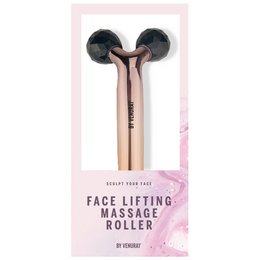 A face lifting massage roller made of rose quartz and stainless steel. Designed to help lift and contour the face through gentle massage.