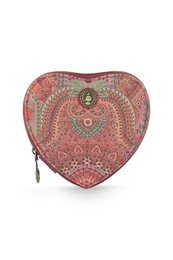 Heart-shaped jewelry box, red burgundy color, ornate paisley pattern, decorative gold embroidery, zipper closure.