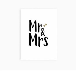 Elegant black and white wedding postcard with the text "Mr & Mrs" and a small heart symbol, perfect for wedding invitations, announcements, or decor.