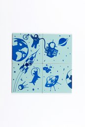 Self-Adhesive Mural, 4 tiles, Conquest of Space. Blue and white space-themed design with astronauts, planets, and spacecraft.