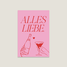  A pink greeting card with the text "ALLES LIEBE" and illustrations of a wine bottle and glass.