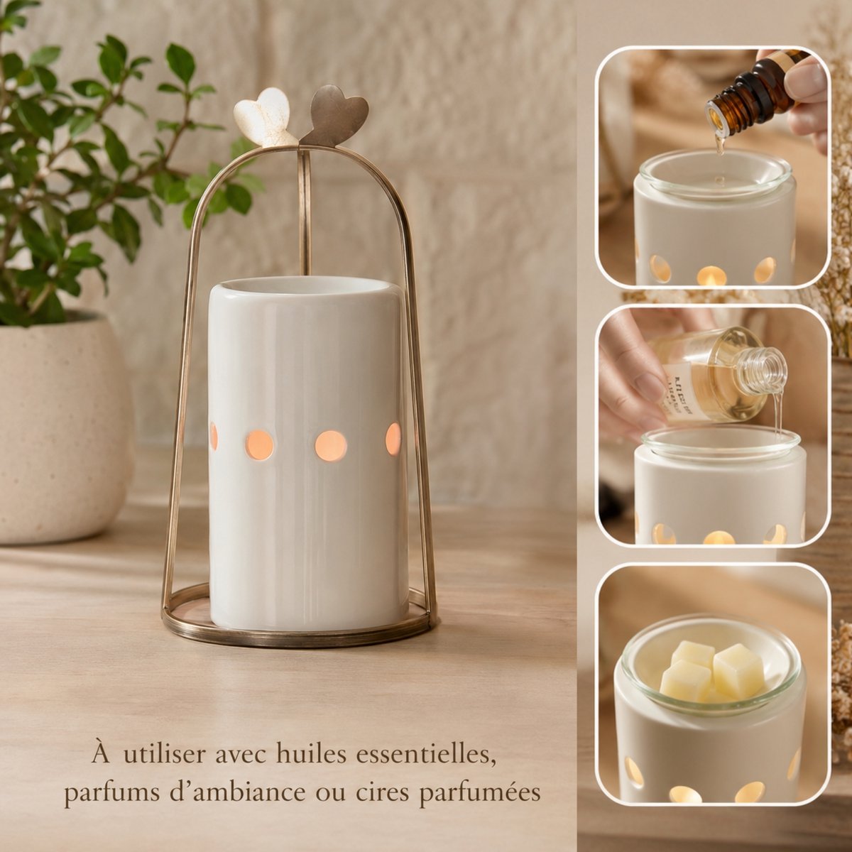 Brûle Parfum Série Inspiration – Cinco – Bougeoir, Fondant Cires Parfumées – en Céramique et Métal – Diffusion Douce – Idée Déco