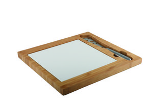 Bamboo cheese board and porcelain with stainless steel knife
