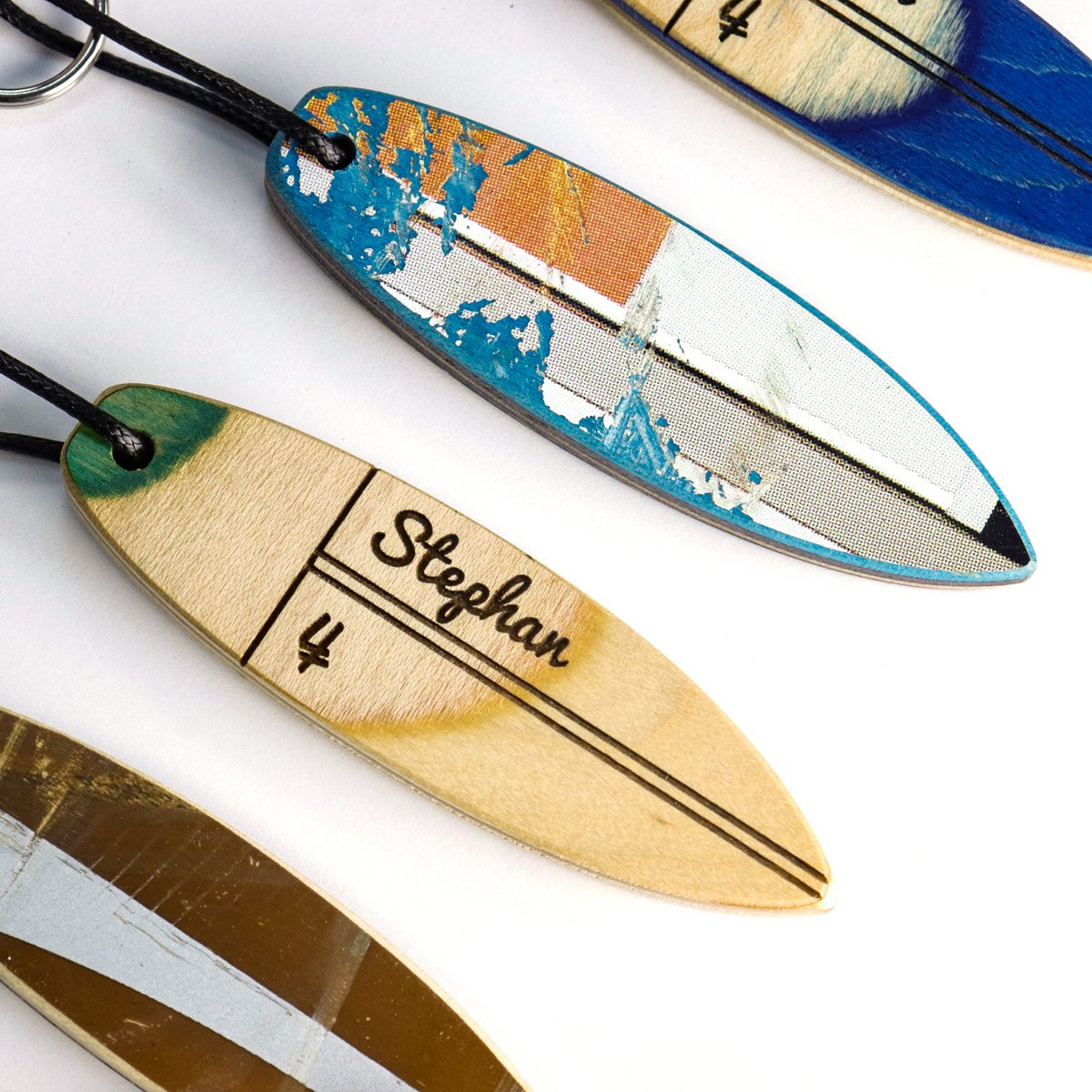 Wood keychain, Personalized surfboard key Ring, Made from Recycled Skateboard wood