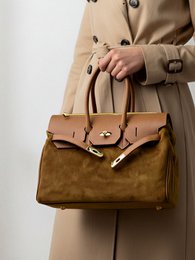  "Large suede leather handbag, caramel brown tote, structured rectangular shape, top handles, Italian crafted"