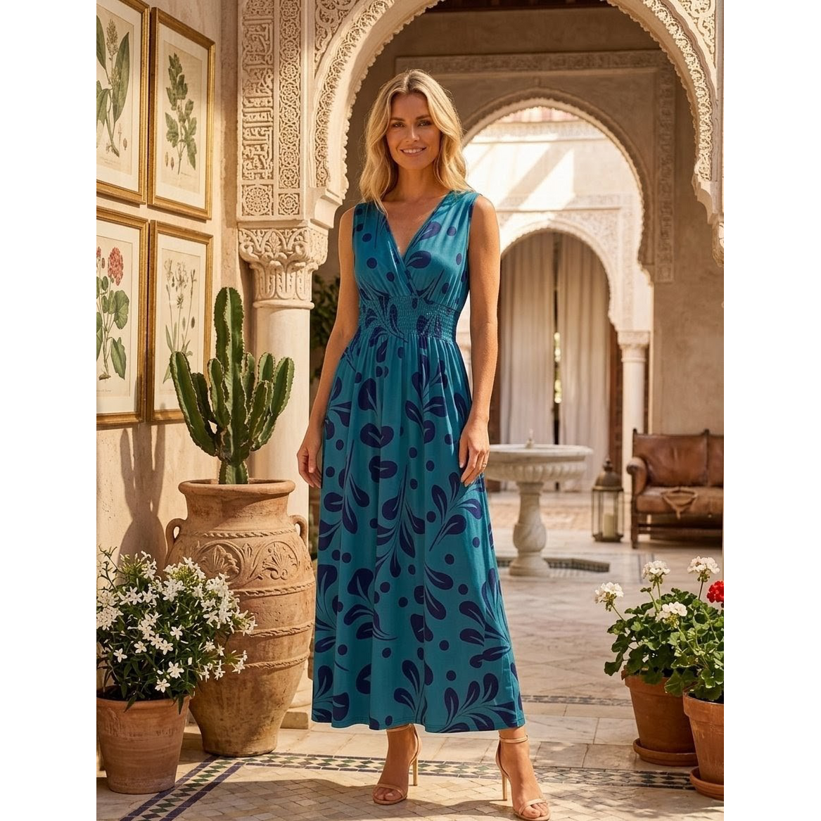 Sukienka maxi „Summer Flamboyant” – impresjonistyczny kwiatowy nadruk i marszczona talia – 602-59