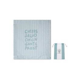 Green microfiber beach towel with text "Cheers Salud Cin Cin Sante Prost" in a repeating pattern.