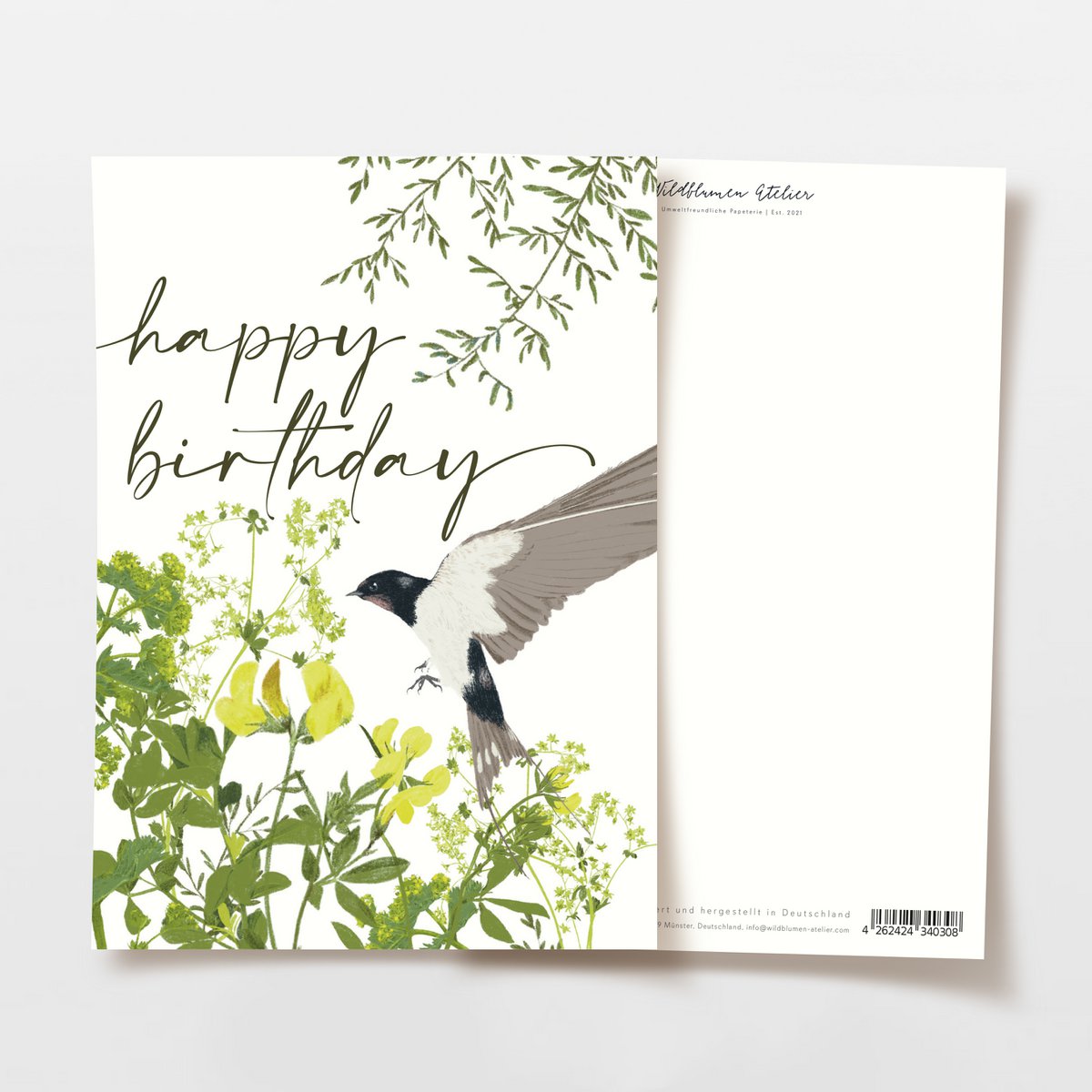 Postcard 'happy birthday' with swallow and wildflowers