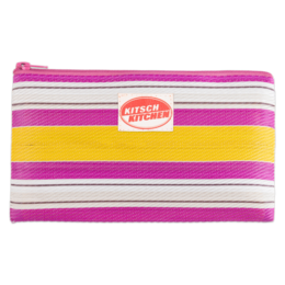 A striped makeup pouch in pink, white, and orange colors. The pouch has a zipper closure and a label that says "Etui Stripes".