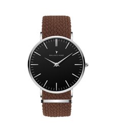 Espresso brown leather strap watch with a sleek black dial and silver-tone case.