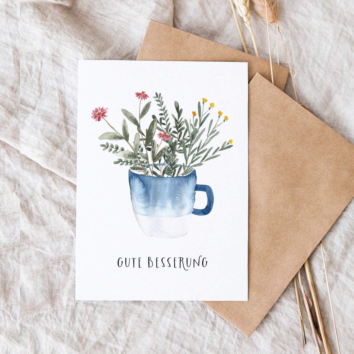 Folding card "Get well soon, blue cup" | recovery