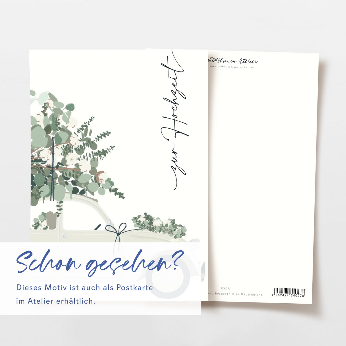 Klappkarte 'zur Hochzeit' mit crémefarbenem Auto und Eukalyptus, inkl. Umschlag