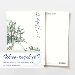 Folding card 'for the wedding' with cream-colored car and eucalyptus, including envelope
