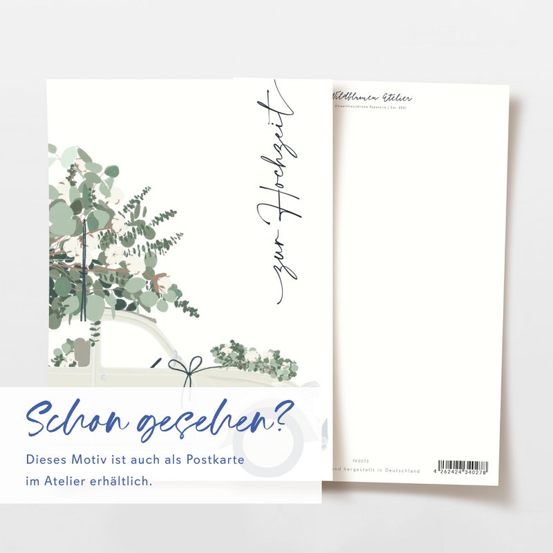 Folding card 'for the wedding' with cream-colored car and eucalyptus, including envelope