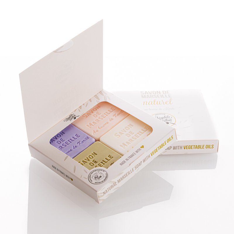 Scatola da 4 saponi di Marsiglia 50g - Con burro di karitè biologico - Profumi di Oliva, Mughetto, Rosa e Lavanda