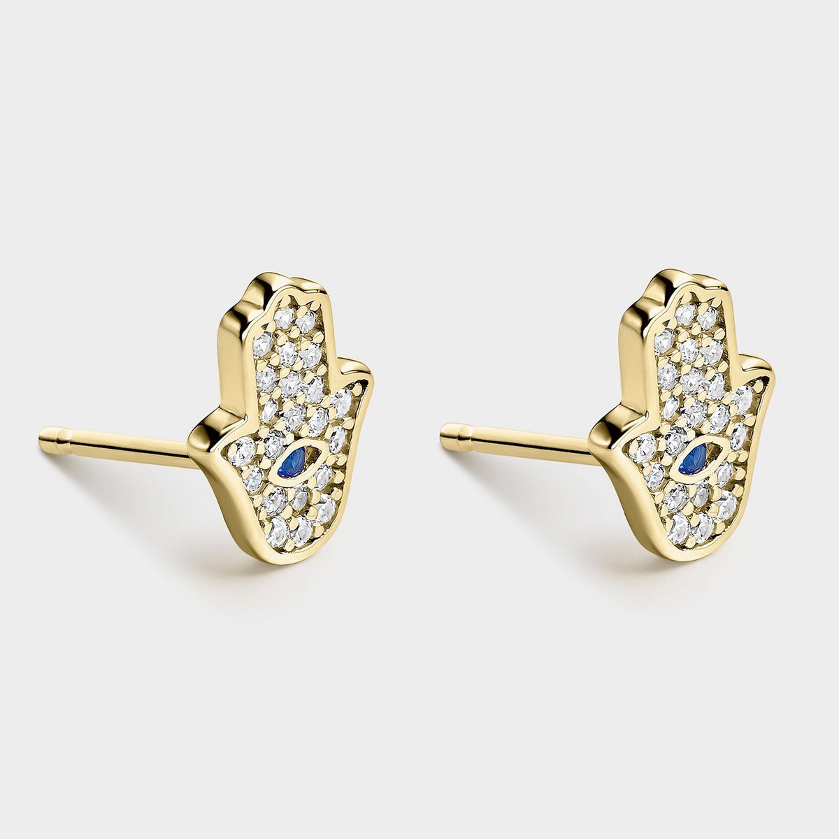 OHRRINGE MIT BLAUEM ZIRKONIA UND VERGOLDETER SILBERNER HAND DER FATIMA