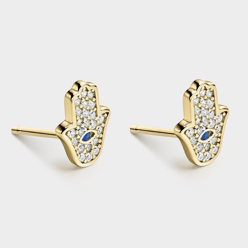 OHRRINGE MIT BLAUEM ZIRKONIA UND VERGOLDETER SILBERNER HAND DER FATIMA