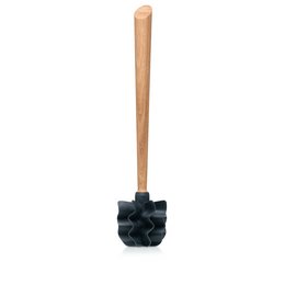 Wooden toilet brush with black plastic base. Sturdy and durable design for easy cleaning of toilet bowls.