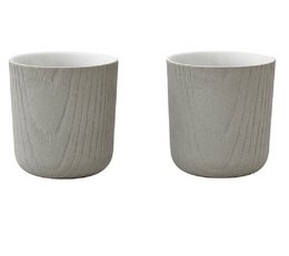 Two 80ml grey ceramic mugs with a wood-like texture.