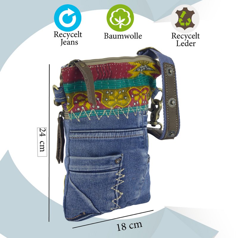 Sunsa lille bæredygtig skuldertaske til kvinder. Skuldertaske lavet af genbrugte jeans & canvas (canvas). Håndtaske vintage retro stil. Crossbody taske til kvinder.