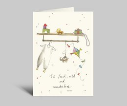 Whimsical birth card with playful animal illustrations and a heartfelt message, perfect for celebrating a new arrival.