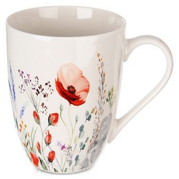 "Porcelain mug with a floral poppy design, 360 ml capacity. The mug features a vibrant red poppy flower surrounded by other wildflowers and greenery in a natural, hand-painted style."