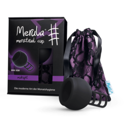 The Merula Cup midnight is a black menstrual cup made of medical-grade silicone. It is designed for intimate care and features a unique shape and texture.