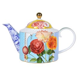 A large, ornate teapot with a floral design featuring vibrant red roses, orange flowers, and green leaves. The teapot has a domed lid and a decorative gold-colored finial on top.