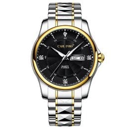 A stylish two-tone stainless steel watch with a black dial, day and date display, and gold-tone accents. The watch features a classic round case and a durable bracelet strap.