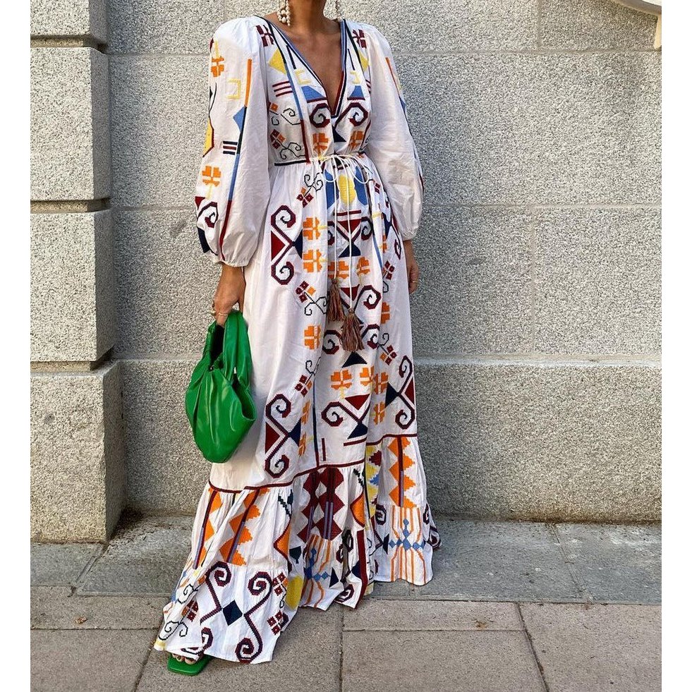 Abito Boho stampato a maniche lunghe con scollo a V da donna
