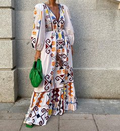 Abito Boho stampato a maniche lunghe con scollo a V da donna