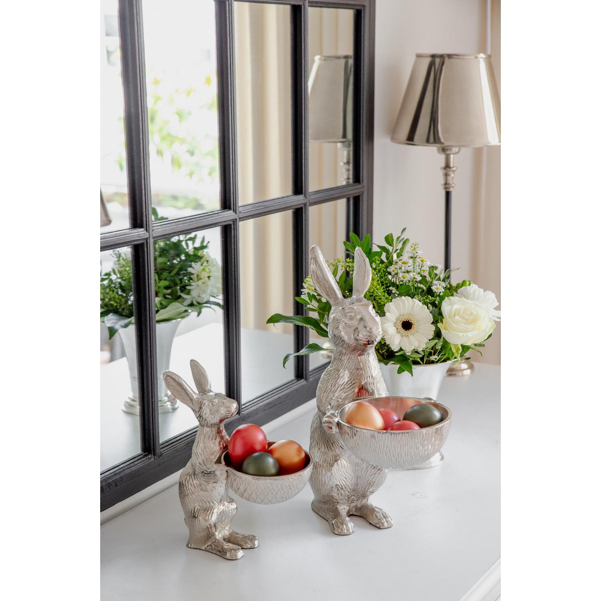 EDZARD rabbit with bowl Bert, rabbit figure with bowl, height 22 / 31 cm, aluminum nickel-plated silver