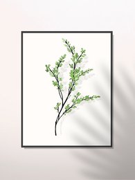 Delicate green leaves on a slender branch, creating a minimalist and natural wall art piece.