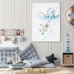 Whimsical watercolor poster featuring a playful octopus and a child swimming together in a vibrant, underwater scene. Suitable for a child's bedroom or nursery decor.